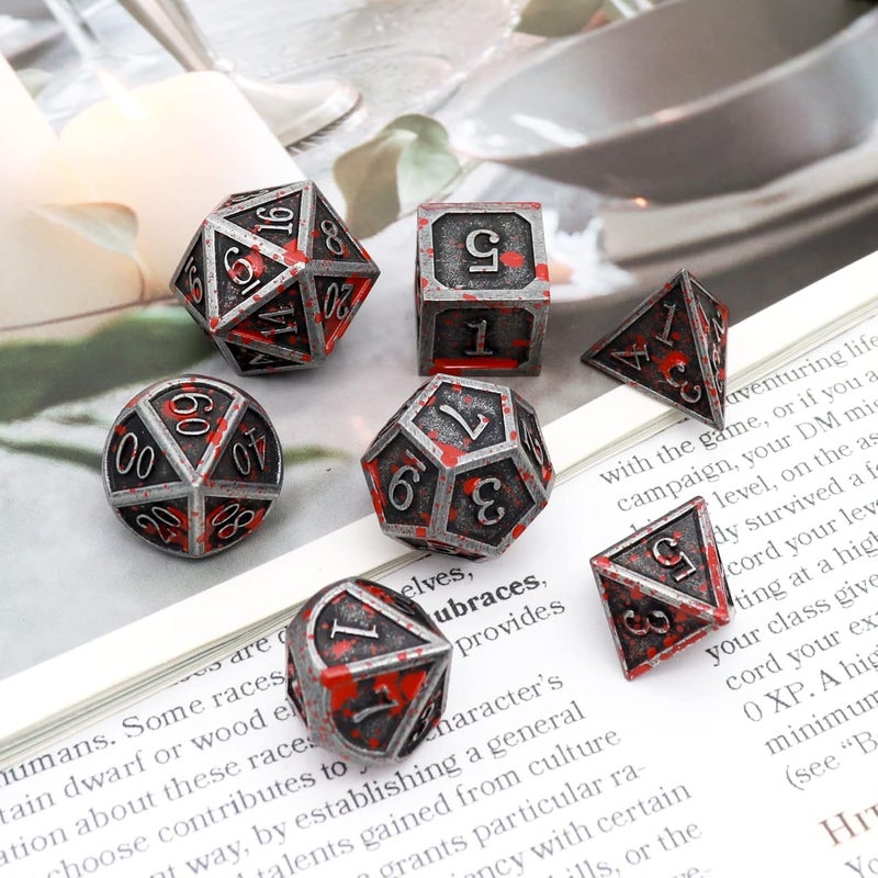 Haxtec Bloodstained Metal DND Dice Set Blood Polyhedral D&D Dice Compatible with Dungeons and Dragons Gift TTRPG Antique Metal Halloween Dice - Image 3